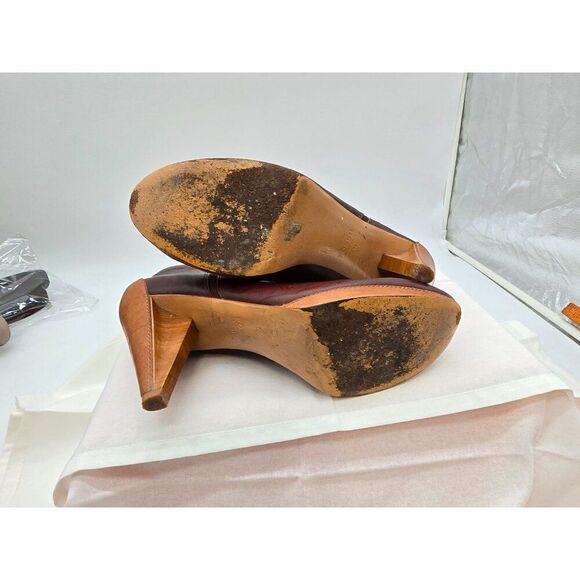 VTG Fossil Brown Leather Heeled Ankle Boots With Wooden Cone Heels sz 11 - Picture 10 of 14